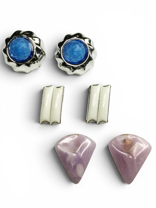 Source Unknown Jewelry - Vtg Large Clip‑On Earrings Bundle; Blue Silver, White Glass, Lavender Resin 3 Pr